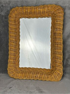 Vintage Natural Wicker Accent Mirror Retro Boho Hong Kong 11 x 15” Rattan MCM